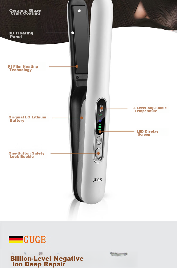GUGE German [Wireless Portable] Straight Hair Iron, Negative Ion Straightening Iron, Gentle on Hair, Wireless Straightening Iron for Men And Women, Mini Small High Crown Straightening Iro 10