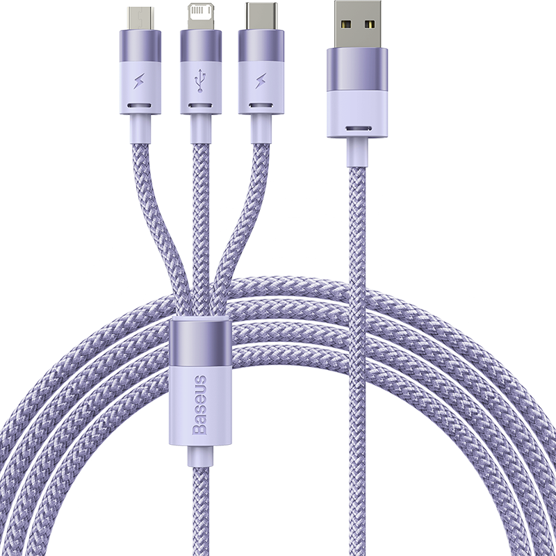 BASEUS Data Cable Three-In Type-C Apple Charging Cord, One-To Compatible with IPhone 18/17/16/15/14/13, Xiaomi, Huawei Phones, Car Charger, 1.2 Meters, Purple