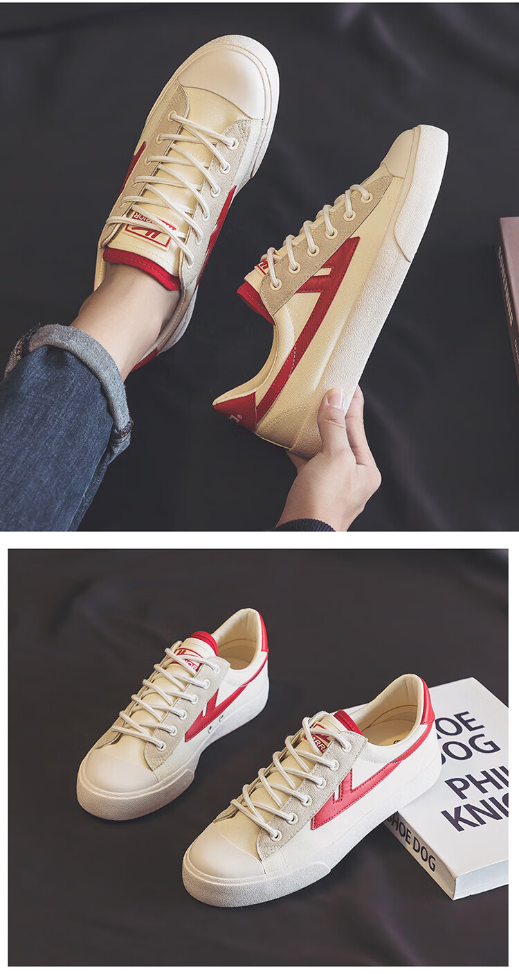 Warrior Official Canvas Shoes, Men's And Women's Casual Sneakers, Breathable Sports Skateboard Shoes for Autumn, KGH647MJ, Beige-Red, Size 39 6