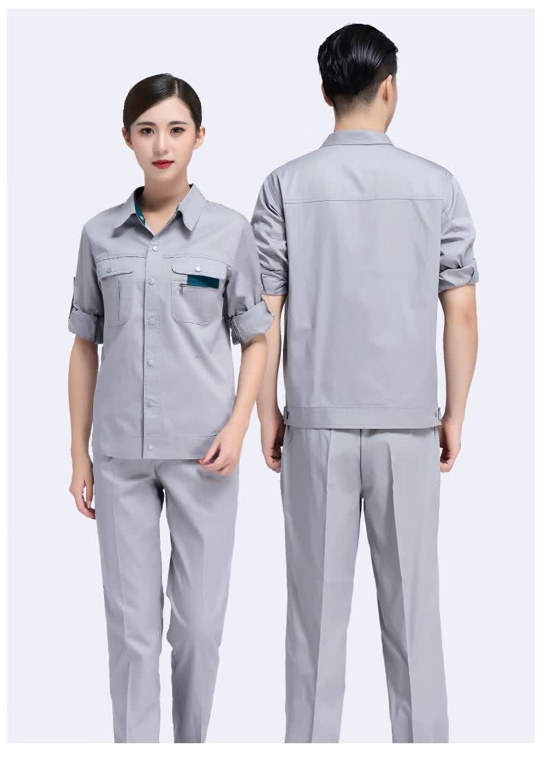 夏季短袖工作服装上衣男 劳保工厂汽修工作服半袖工装 浅灰色长袖套装