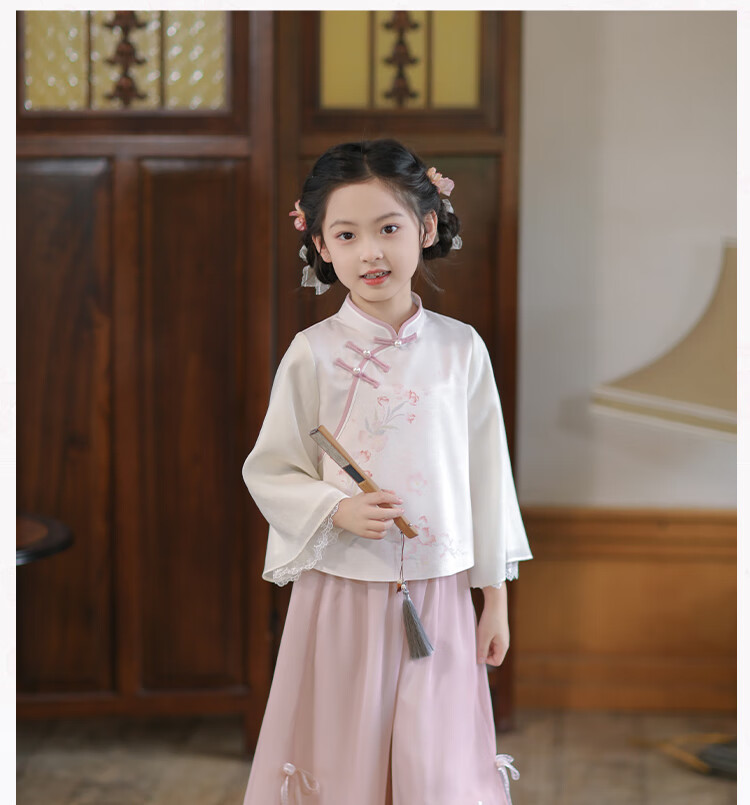Qibo Hanfu Girls' Spring And Autumn 2026 Mid-Autumn Festival New Style Chinese-Style Tang Suit Children's Outfit Set, Floral Rain Pink, Size 140 20