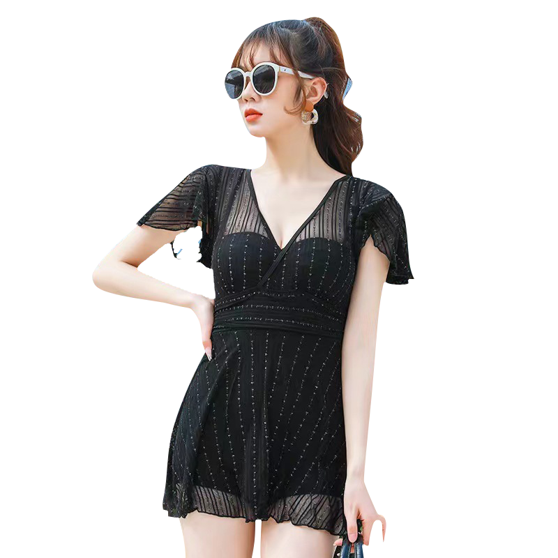 LangSha Women's Lace Hollow Out Tie One-Piece Skirted Swimsuit Beach Vacation Hot Spring Casual Swimwear