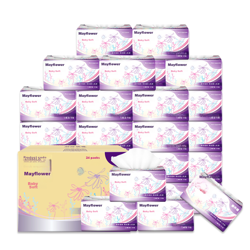 May Flower Facial Tissues, 2-Ply, 180 Sheets*24 Packs, Size S, Soft And Gentle Tissue Paper, Whole Box Packaging