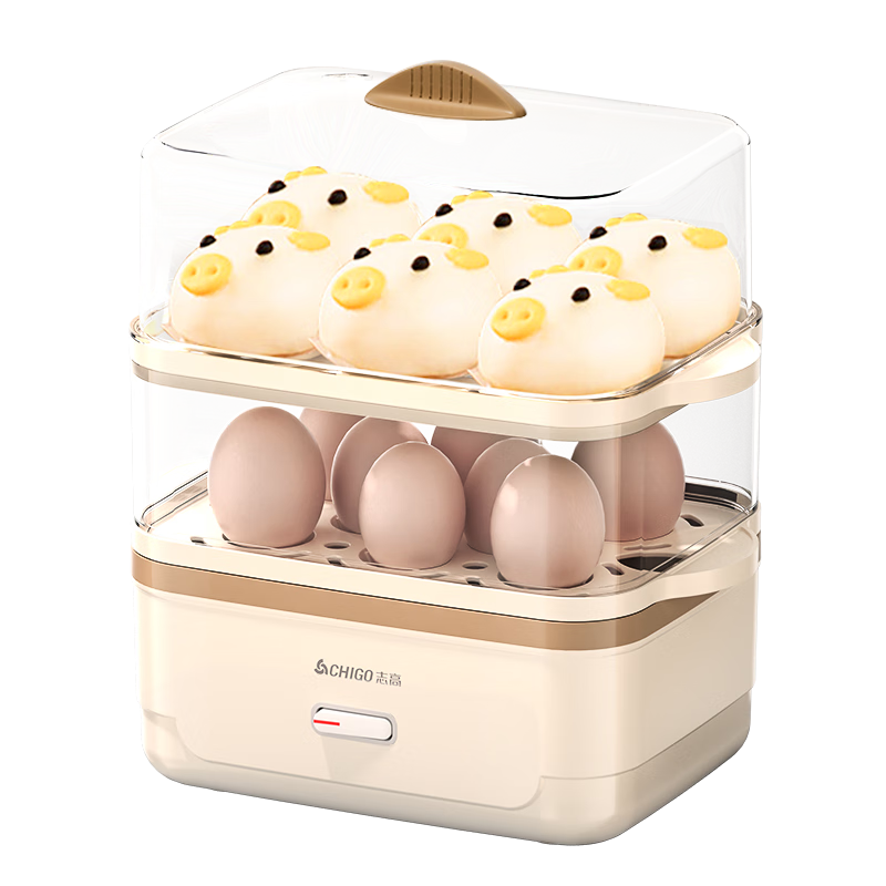 CHIGO Egg Cooker And Steamer, Electric Double-Layer Multifunctional Breakfast Steaming And Cooking All-In Machine for Small Groups of 1-2 People, Egg Custard Maker with High Temperature Auto Shut-Off 204