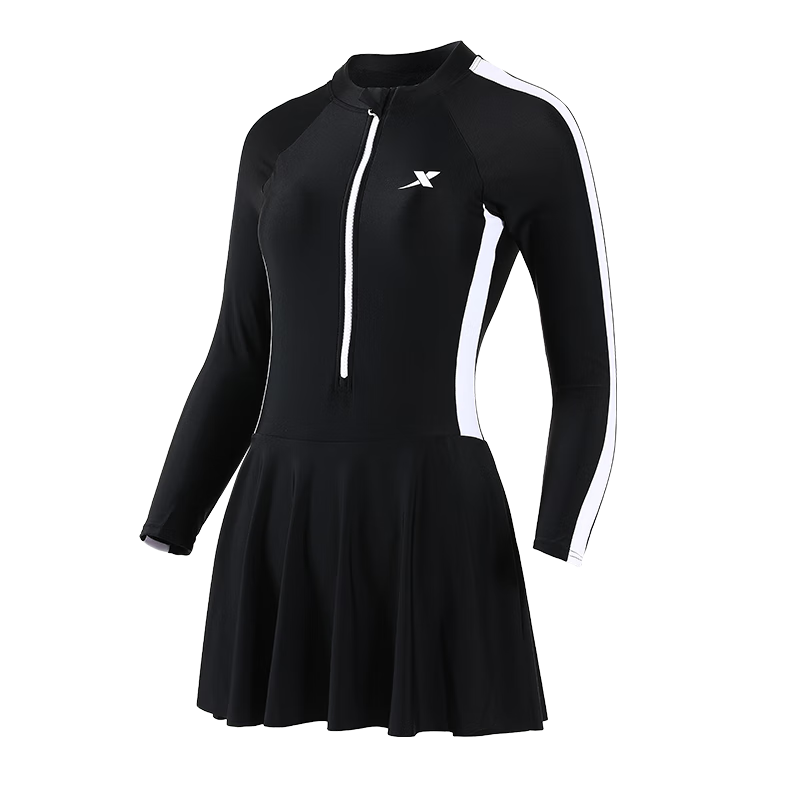 XTEP XTEP Summer One-Piece Swimsuit with Skirt for Women, Long-Sleeve Beach Hot Spring Swimwear, Black, Size L
