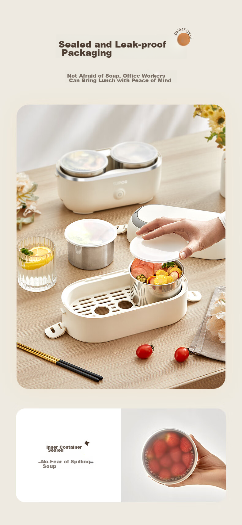 SUPOR Electric Lunch Box, Heated Food Container, 1.0L Portable Divided Leak-Proof Office Heating Stainless Steel Inner Pot Insulated Lunch Box DH02FD815A 12