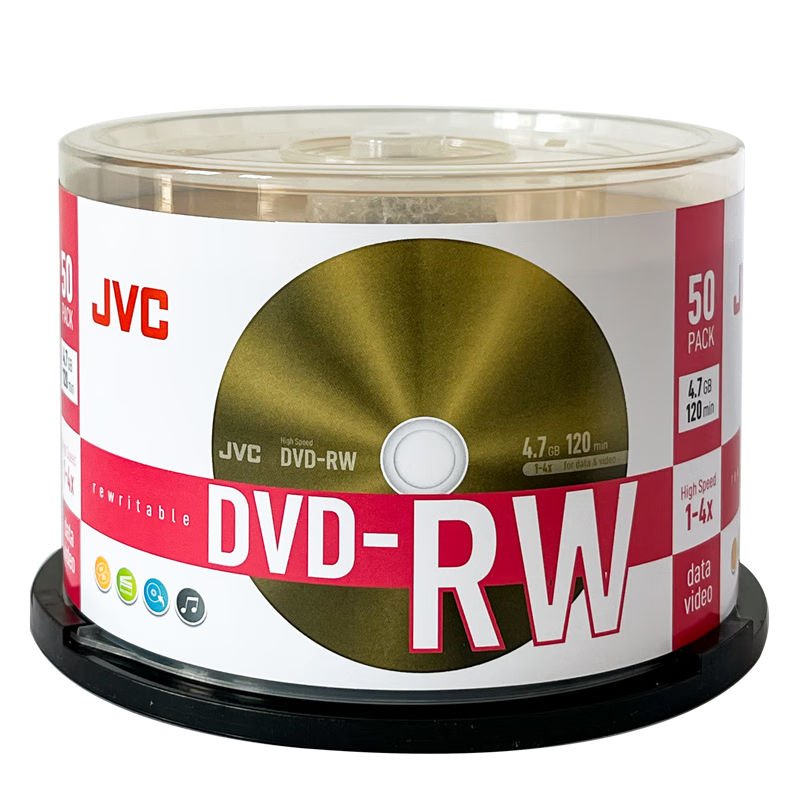 JVC DVD-RW Reusable Erasable Discs, 4x Speed, 4.7GB Capacity, Blank Discs, Recording Discs, 50 Pieces Per Tube