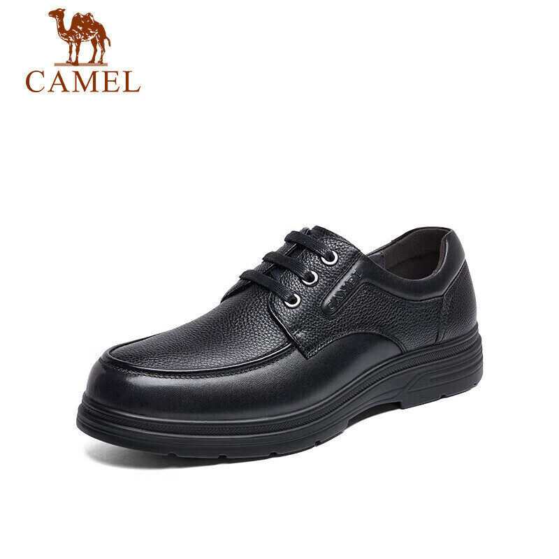 CAMEL Leather Lace-Up Middle-Aged Dad Shoes, Height-Increasing Classic Business Casual Leather Shoes for Men, G15A211067, Black, Size 38