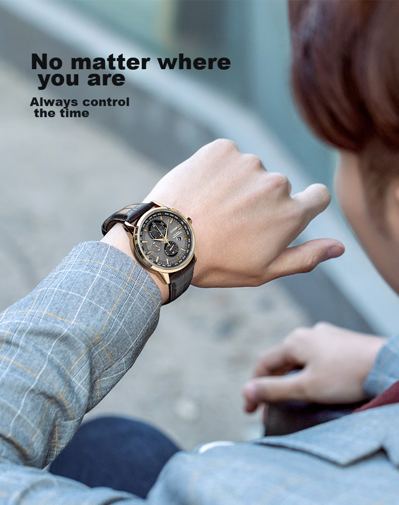 CITIZEN Watch for Men, Japanese And Korean Style, Eco-Drive, Radio-Controlled, Three-Dial Display, Leather Strap, Business Style, Gift for Boyfriend, AT8113-12H 1