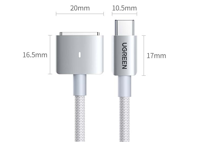 UGREEN 140W Magnetic Fast Charging Cable for Apple MacBook, Magsafe 3 Power Cable, Type-C to T-shaped Connector, 2m, Silver 25