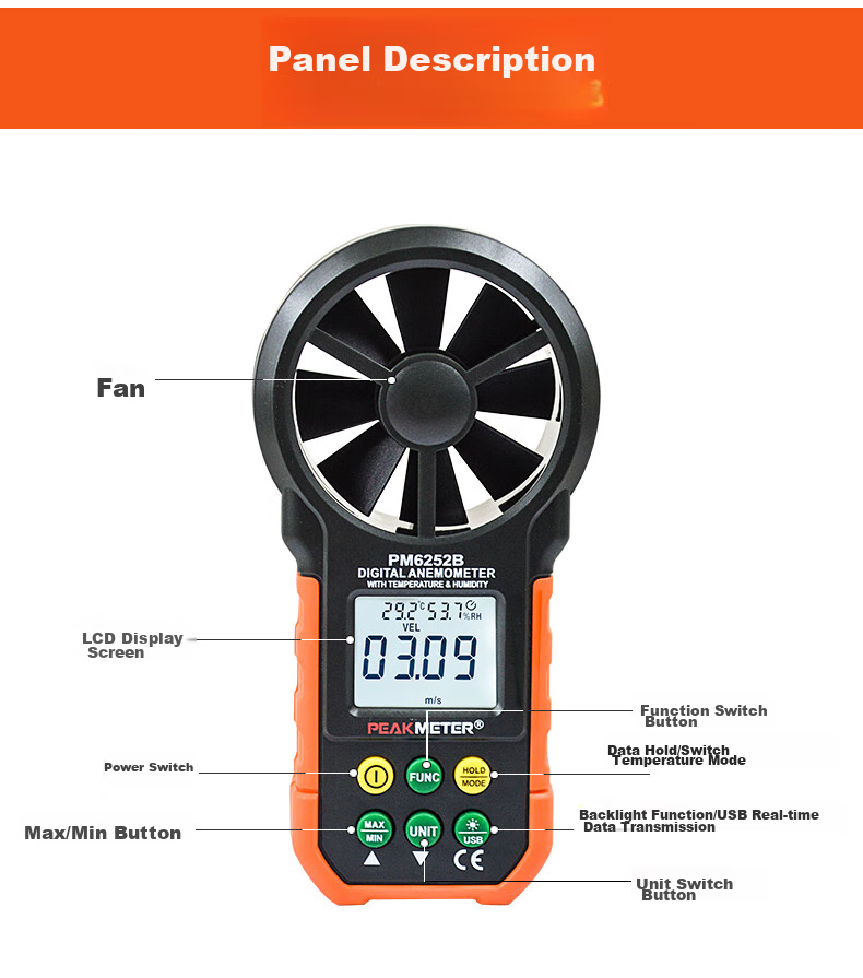 PEAKMETER PM6252B Handheld High-Precision Anemometer with Digital Display for Air Flow Measurement, Temperature And Humidity Testing, And Wind Speed Meter 5