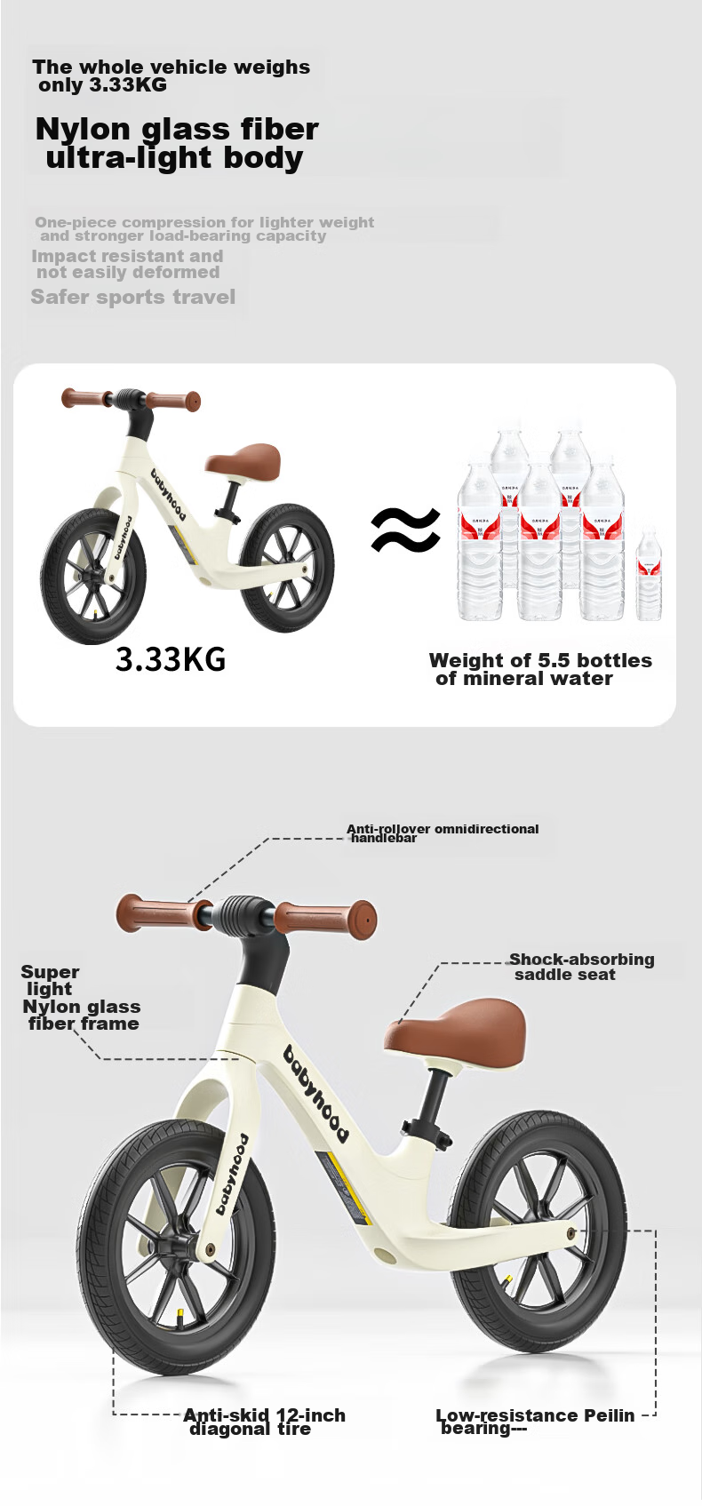Babyhood Balance Bike for Children Aged 1-3 Balance Bike Toy Gift for Kids No Pedal Self-Propelled Scooter No Pump Required 8