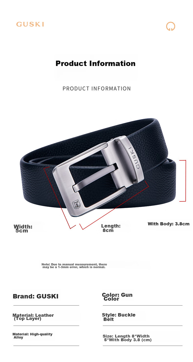 GUSKI Brand Men's Leather Belt with Pin Buckle, Gift Box, Casual Trouser Belt, Birthday Gift for Boyfriend Or Husband 9