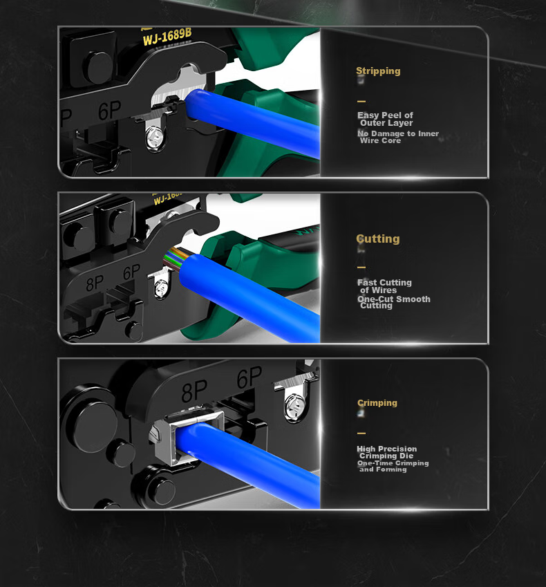 WANJEED Network Cable Crimper, Multifunctional Category 6 RJ45 Crimping Tool, Professional Grade 8P/6P Network And Telephone Line Stripper Cutter Three-In Wire Connector Tool WJ-1689B 9