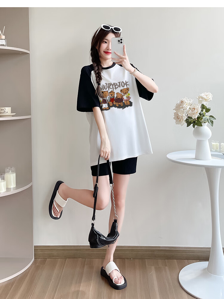 JOYNCLEON Maternity Summer Thin Loose Raglan Sleeve Printed T-Shirt and Versatile Shorts Set White L Jtz158115 13