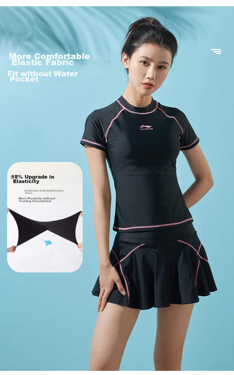 Li-Ning Women's Swimsuit, Fashionable Two-Piece Conservative Design, Tummy Control, Slimming, Sexy, Push-Up for Small Chest, Hot Spring Swimwear 507, Black XL 4