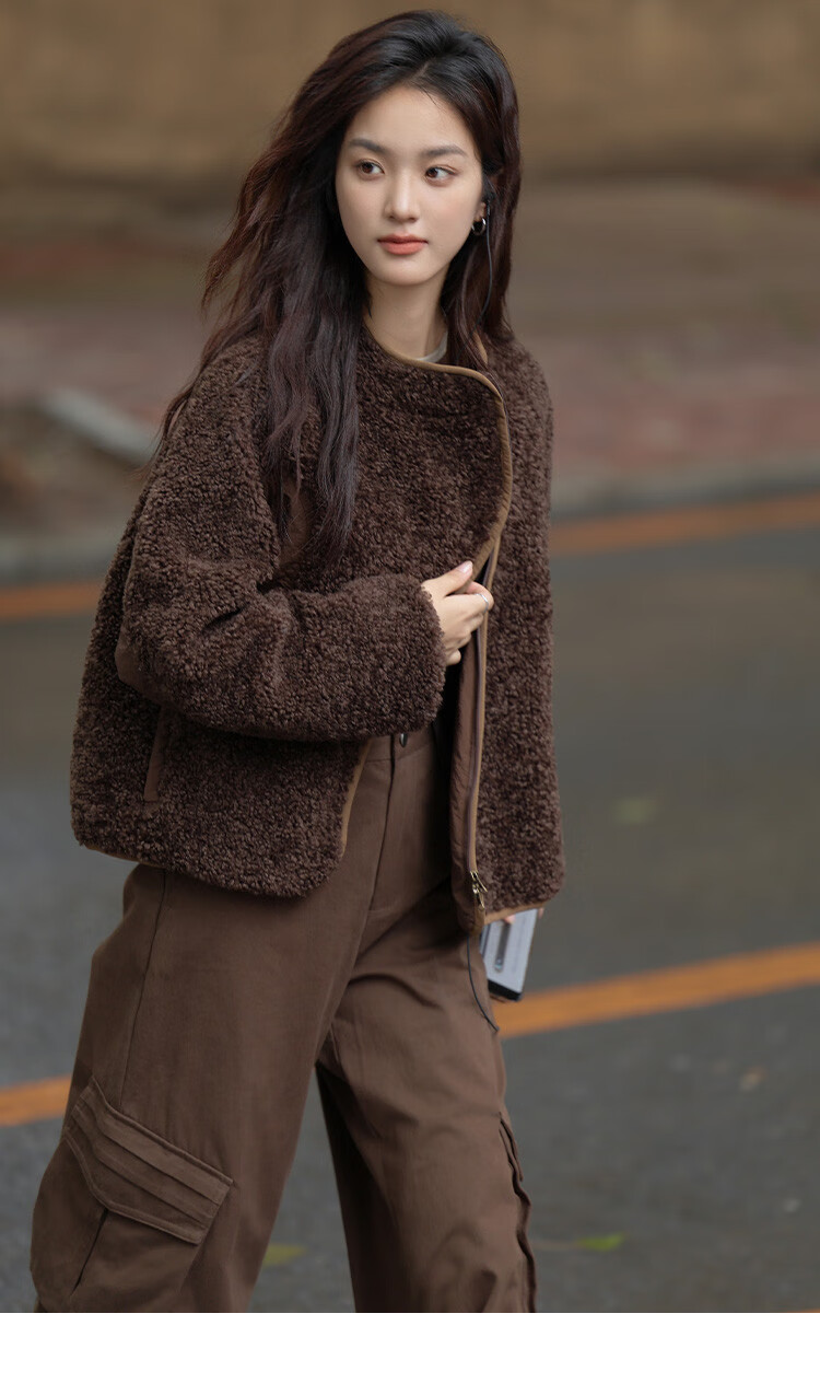 Dme Vintage Plush Jacket Autumn And Winter Style Irregular Arc Zipper Faux Sherpa Coat for Women Coffee Color L 10