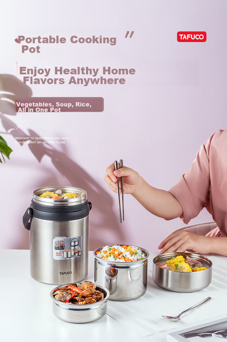 TAFUCO Insulated Food Container, 304 Stainless Steel, Large Capacity, Portable, Three-Layer Insulated Bucket, for Students And Adults, 2.3L, Food-Grade, T0320 1