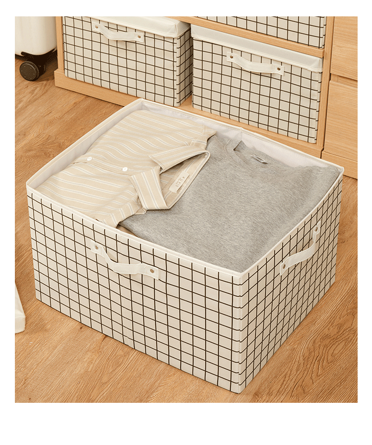 EACHY Fabric Storage Box for Clothes, Foldable Wardrobe Organizer, 40L Beige Grid 15