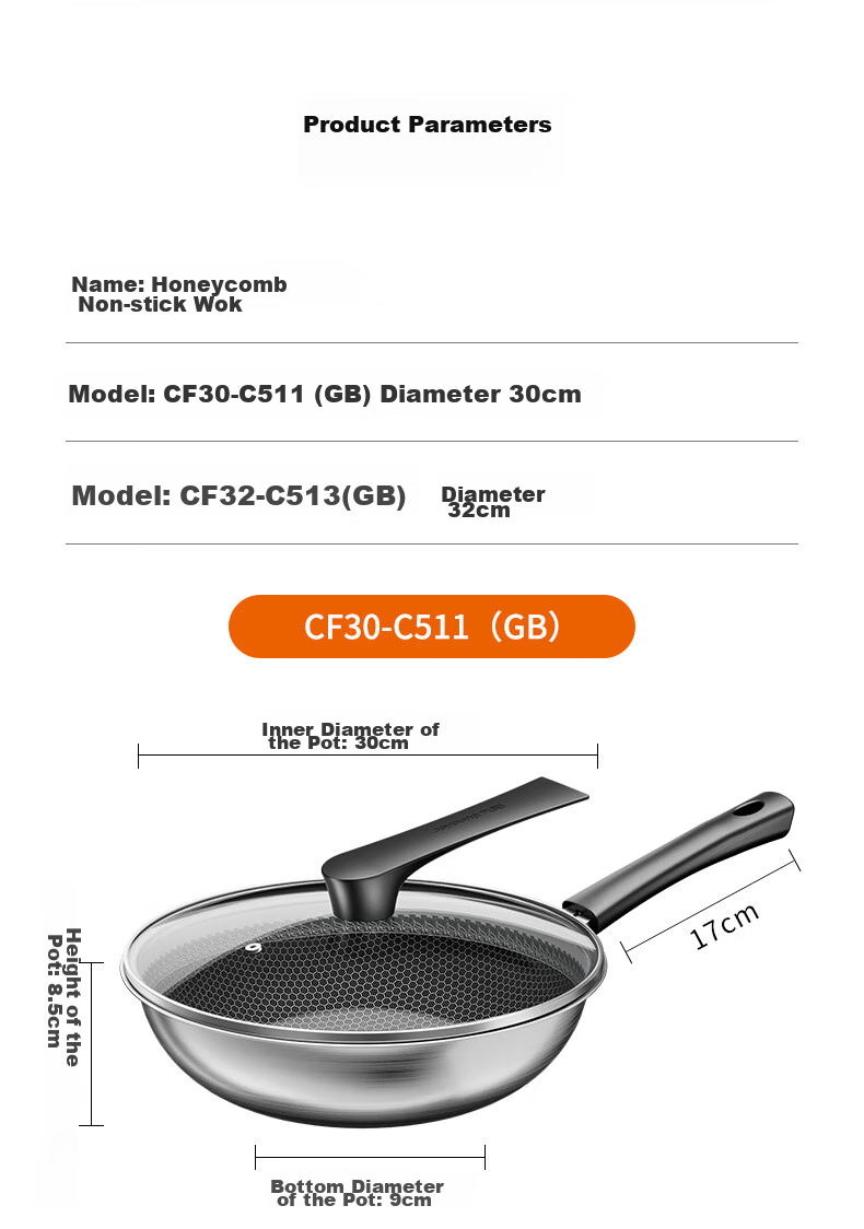 Joyoung Non-Stick Wok, 304 Stainless Steel Honeycomb Wear-Resistant Flat-Bottom Frying Pan, Compatible with Stove, 32cm, Visible And Removable Lid 12