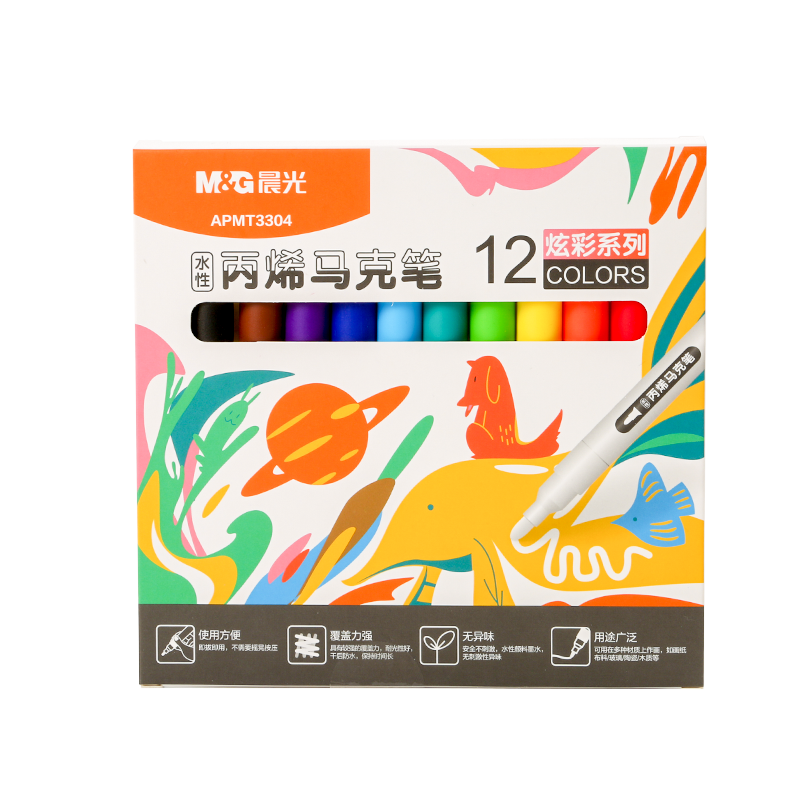 M&G Stationery, 12 Colors of Water-Based Acrylic Markers, Safe for Art Students, Drawing, Doodling, Colorful, Children's Birthday Gift, APMT3304