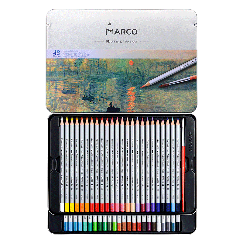 MARCO Water-Soluble Colored Pencils, 48-Pack, for Students, Children, Boys And Girls, Drawing And Coloring Pencils, Professional Art Supplies, Birthday Gift, Travel Present, Back-To Iron Box Set