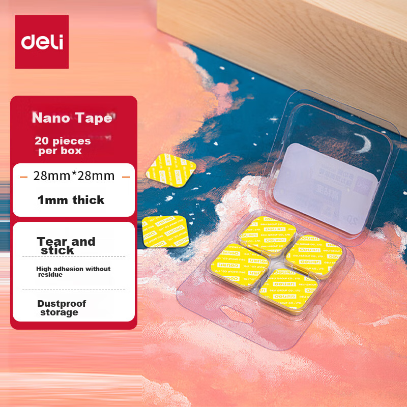 Deli Strong Nano Adhesive Tape, Nail-Free Double-Sided Tape, Transparent Glue, 28mm*28mm, High Viscosity, for Posters And Spring Festival Couplets, 20 Pieces, 33607
