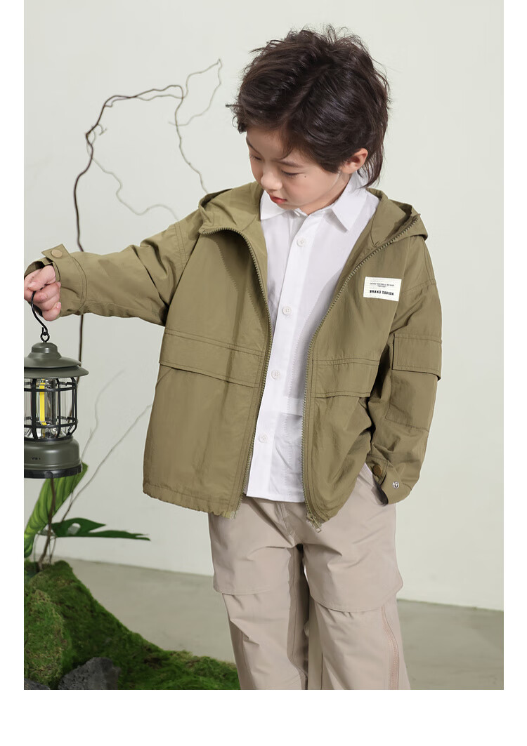 LUSON Chen Da Zhu Boys' Outdoor Hooded Workwear Jacket, 2025 Spring And Autumn New Style, Children's Water-Repellent Hiking Coat, Outerwear 20