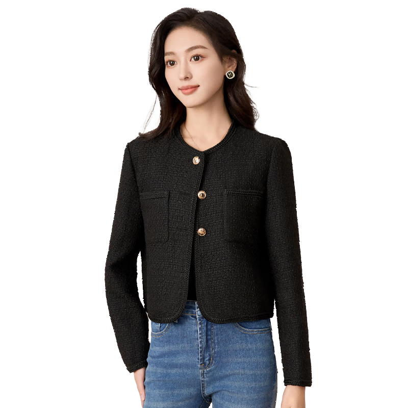 Chushen Spring And Autumn Short Jacket for Women, Exquisite Fashionable Chanel-Style Short Casual Coat Top S13KF3427 Black XL