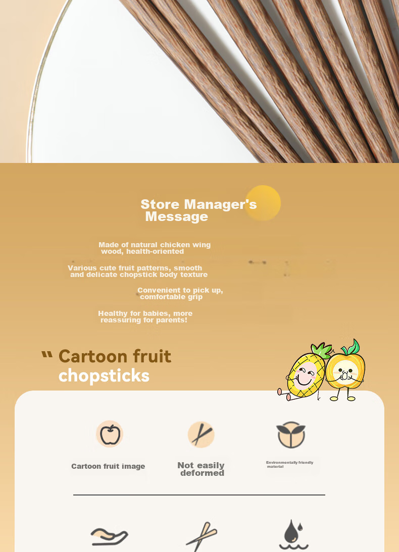 CORN Chicken Wing Wood Children's Chopsticks, Household Solid Wood Baby Training Chopsticks, Cute Cartoon Fruit-Shaped Wooden Chopsticks for Kids 2