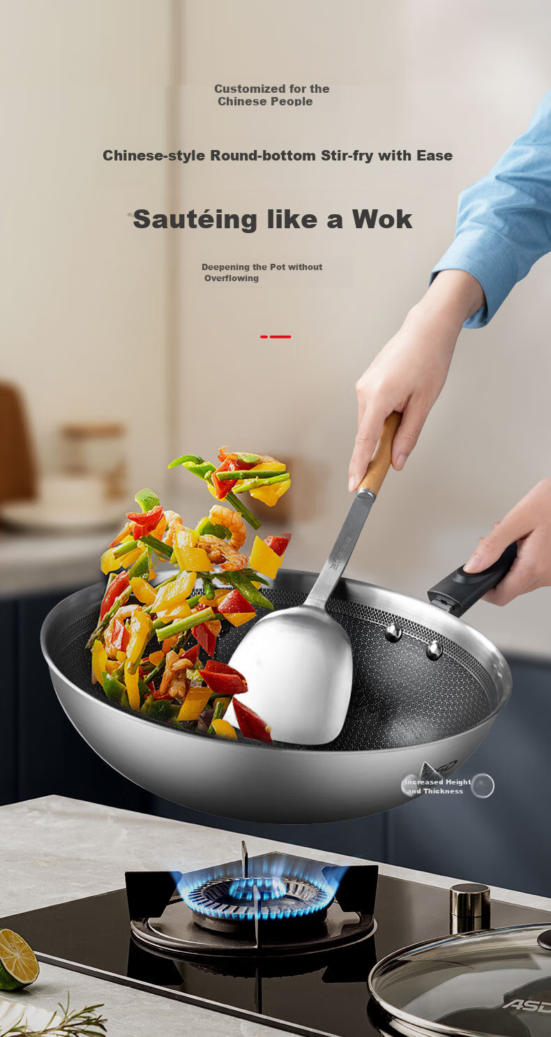 ASD Wok Pan, 304 Stainless Steel, Uncoated, Household Use, 32cm, Compatible with Gas And Induction Cooktops, TV1332 10