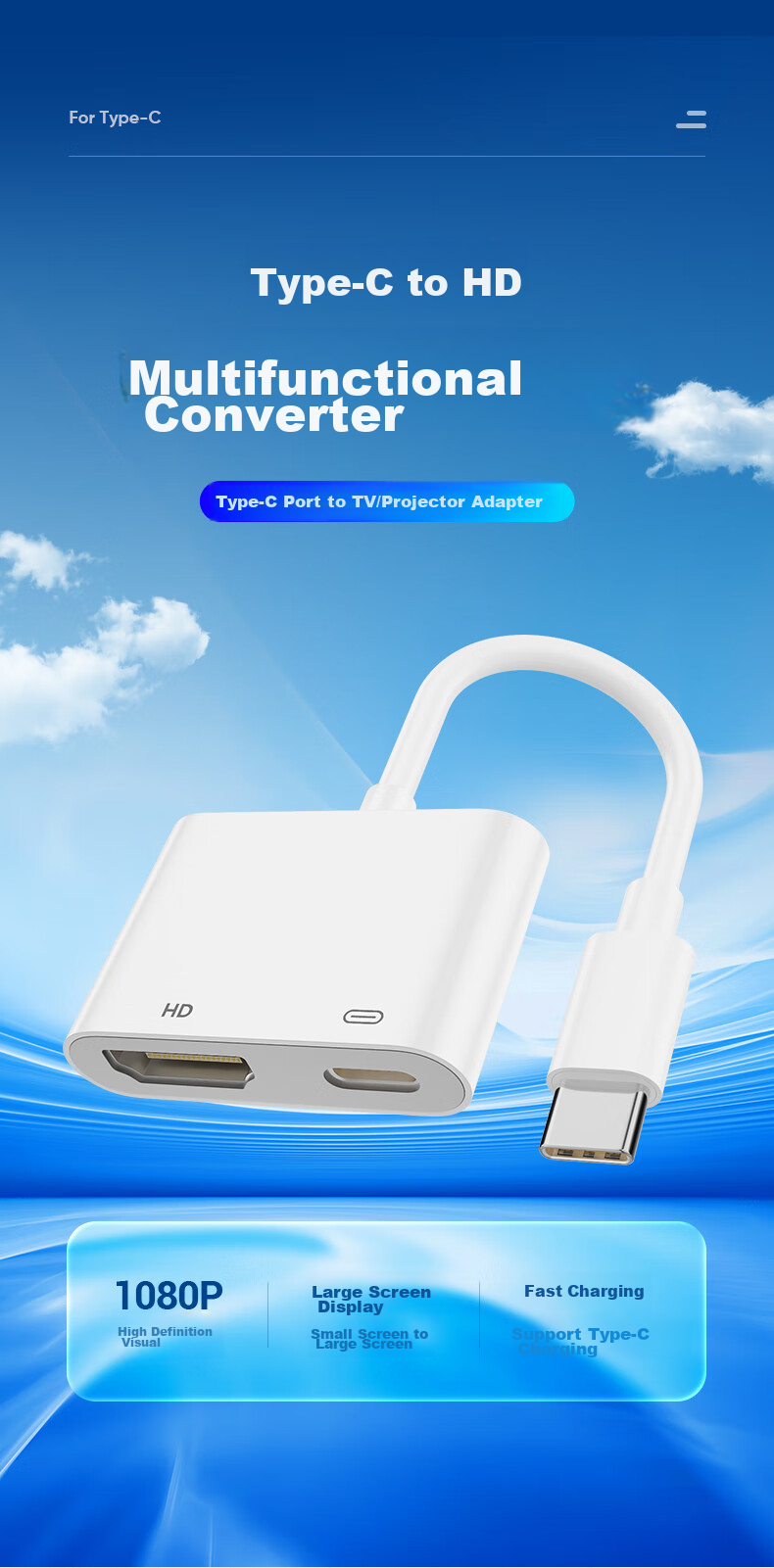 CangHua Type-C to HDMI Converter, Apple 15/16/17/18 Phone Screen Mirroring Adapter Cable, TV Display Projector Digital Audio-Video Adapter for IPhone/iPad 2