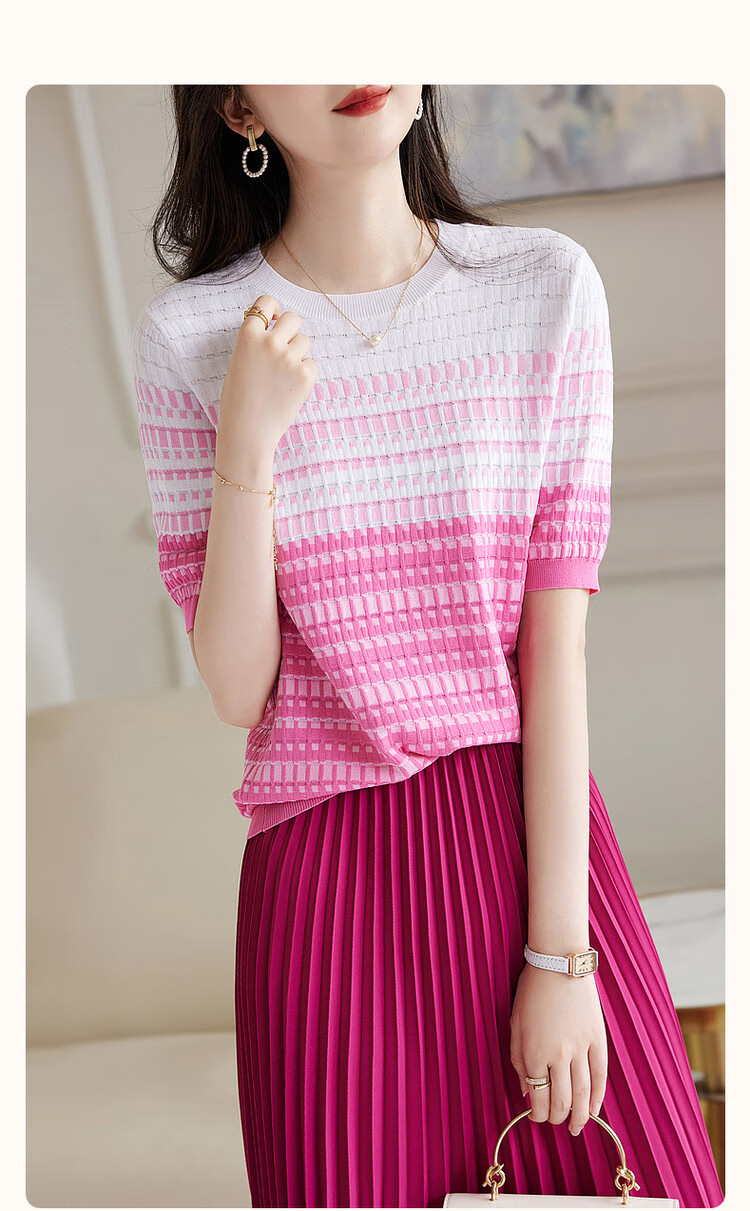 Dme [Bingchuan Meiros] Spring And Summer Double-Curved Ice Linen Sweater, Round Neck, Contrasting Color Jacquard, Petite Knit Top for Wome 1