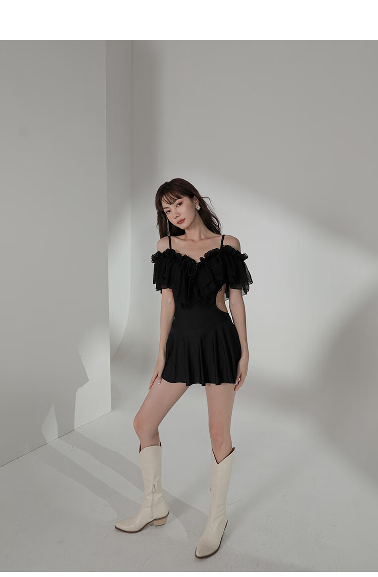 OMOM Swimsuit for Women, Slimming Tummy-Covering Skirted One-Piece, Korean Ins Style, Conservative for Teenage Girls, Suitable for Students, Hot Spring Bathing Suit, Black, Size L 11