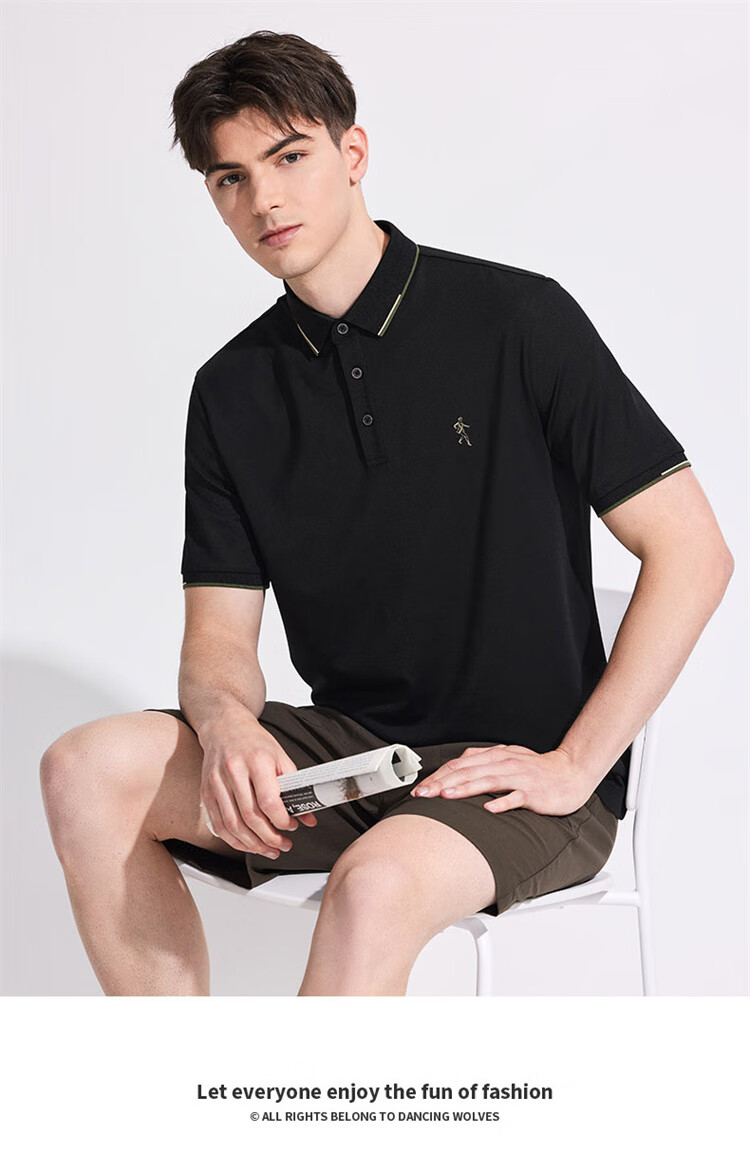 DANCING WOLVES [Slightly Stretchy And Easy-Care] Casual Commute Cool Smooth Breathable Men's Short-Sleeve POLO Shirt, 001 Black, Size 185 1