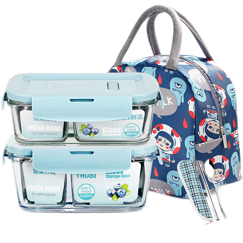 Chuangde Heat-Resistant Glass Food Storage Box Microwave Lunch Box for Office Workers Blue Elevated 3-Compartment 1020ml x2 + Bag + Cutlery Set
