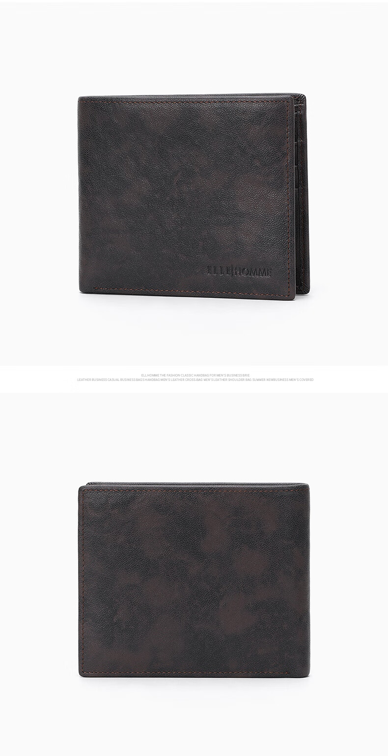 ELLE HOMME Men's Short Wallet, Top-Grain Leather Multifunctional Billfold, Two-Fold Money Clip 3720 Black, Birthday Gift for Me 7