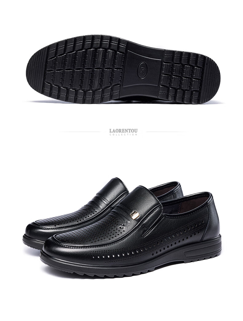 LAORENTOU Men's Leather Shoes, Business Casual Shoes, Top-Grain Leather Slip-Ons with Buckle Decoration, Wear-Resistant Breathable Sandals, Hollow Breathable Shoes, Perforated Shoes LL13203 Black Size 38 11