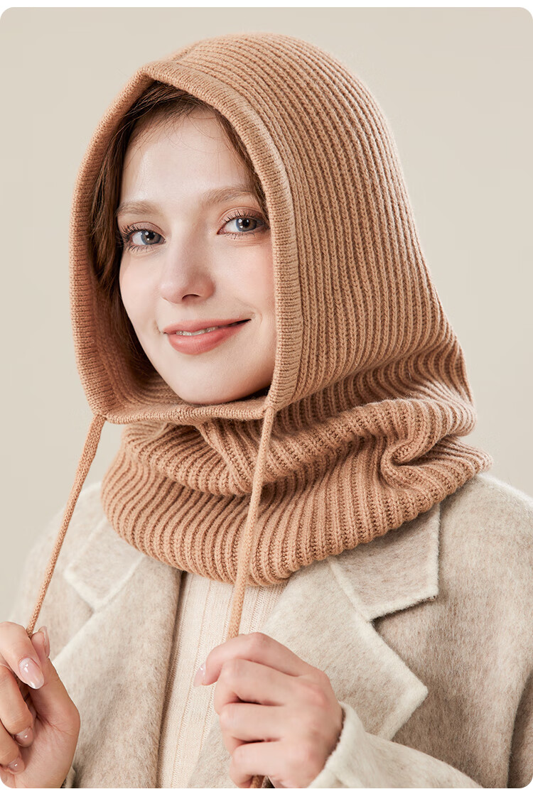 JIUMU Pure Wool Warm Knit Hat for Women, Autumn And Winter Balaklava Knitted Cap, Cold-Proof Hood with Integrated Neck Warmer 17