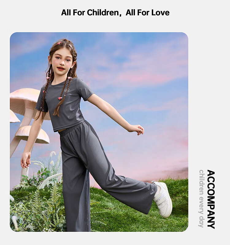 ASK JUNIOR Girls' Summer Sportswear Set: Thin Short T-Shirt + Wide-Leg Long Pants Two-Piece Set, Gray, Size 170 4