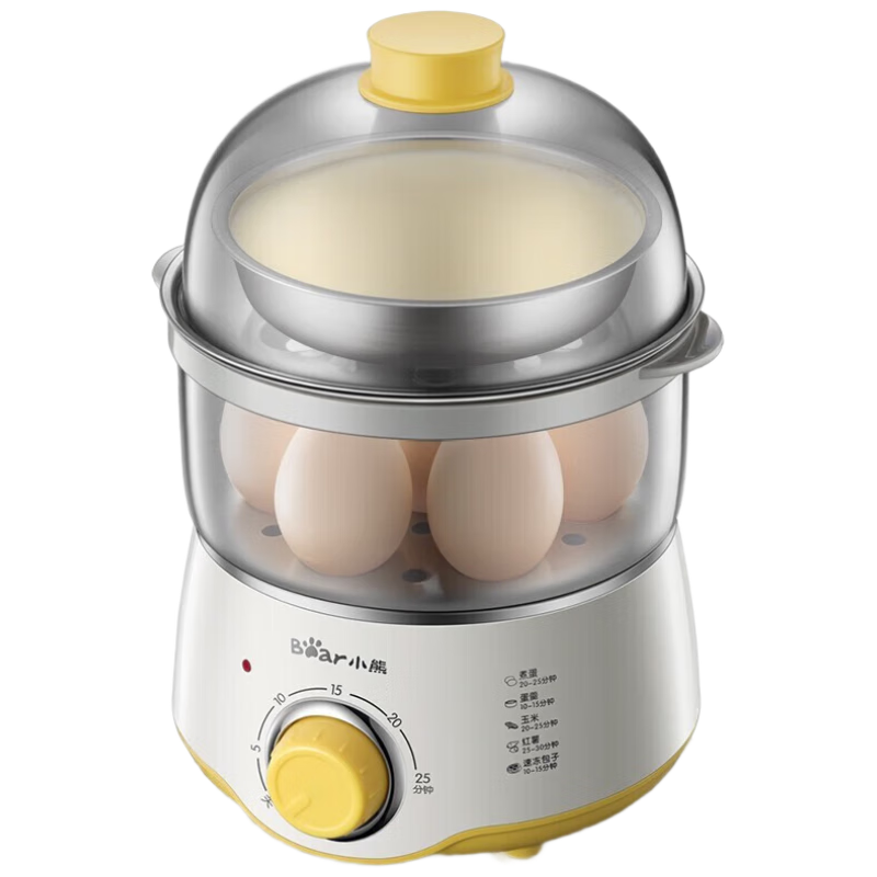 Bear Steamer And Cooker Combo, Double-Layer Mini Steamer Pot, Timer Function, Stainless Steel Anti-Dry Burning Breakfast Maker, Egg Cooker for Elderly, Egg Custard Maker with Steaming Bowl ZDQ-A07U1