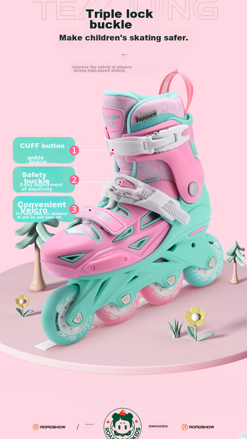 ROADSHOW Kids Roller Skates 6-12 Years Professional Casual Inline Skates S Size Peach Pink Set 17