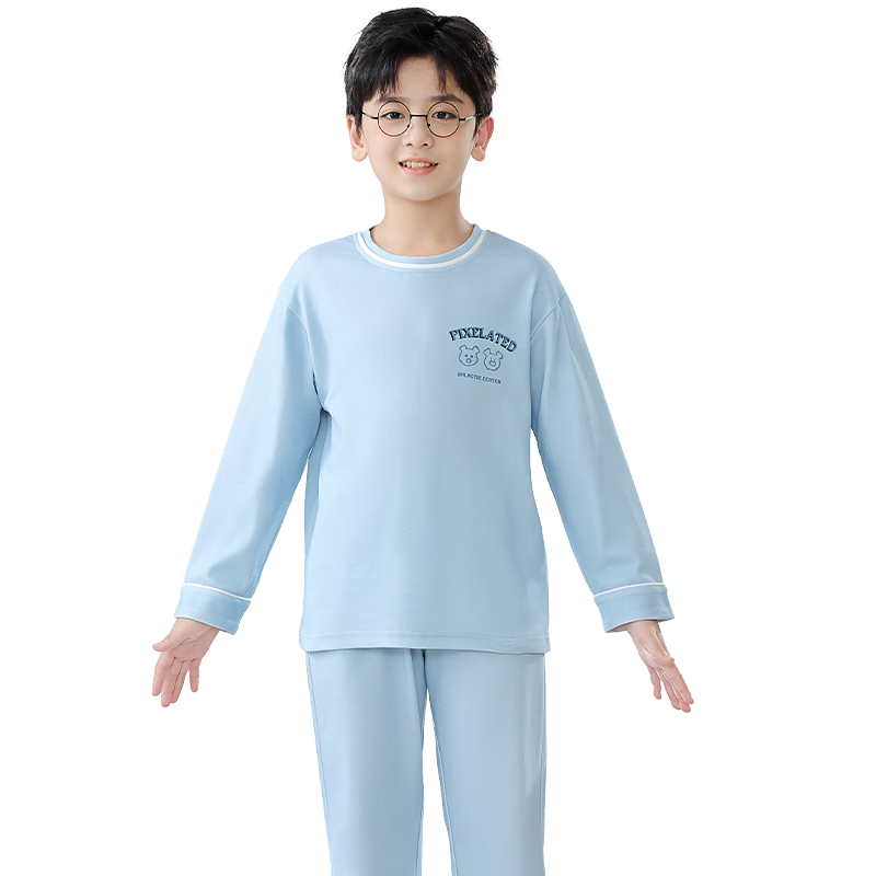 MiiOW Children's Pajamas for Boys, Size 40S, Pure Cotton, 5A Antibacterial Home Wear Set, Spring And Autumn Long-Sleeve, 2024 New Style, Blue, 140cm