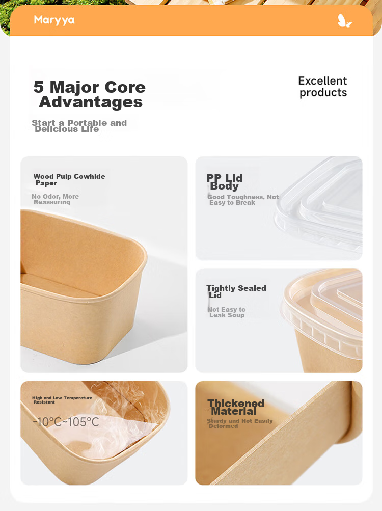 MARYYA Disposable Square Food Containers 1000ml*20 Sets, Food-Grade Picnic Takeout Fruit Kraft Paper Packaging Boxes with Lids 2