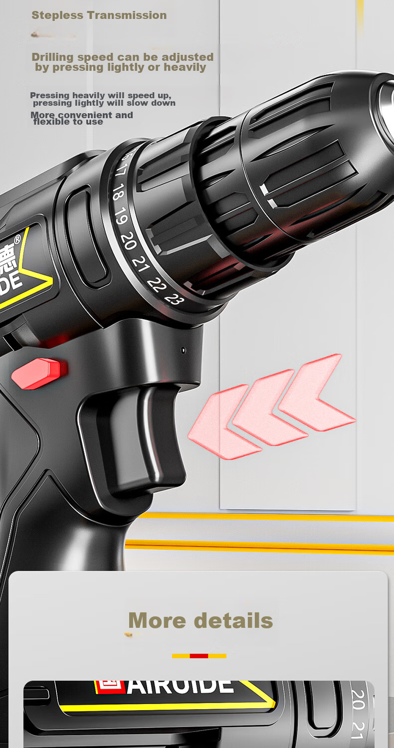 Airuide Cordless Drill, Household Rechargeable Electric Drill, Lithium Battery Pistol Drill, Multi-Functional Electric Screwdriver, Power Tool 13