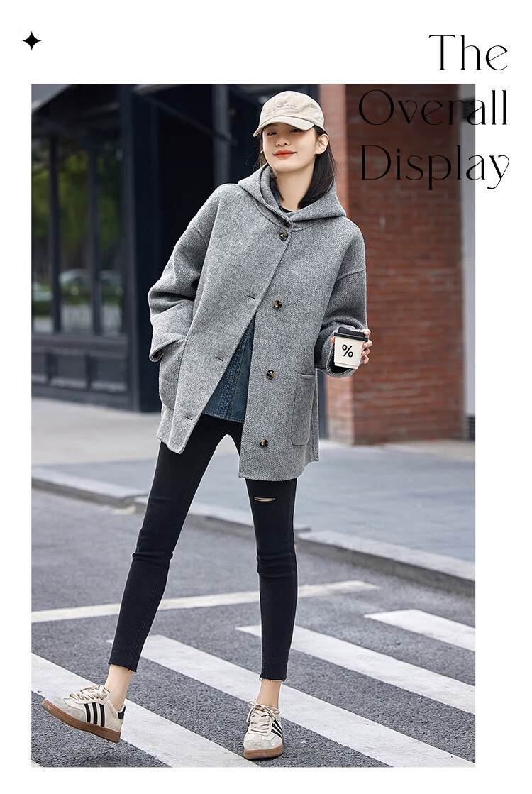 Demana Gray Series Hooded Woolen Coat Winter Loose Long Double-Sided Wool Coat Women Gray L 3