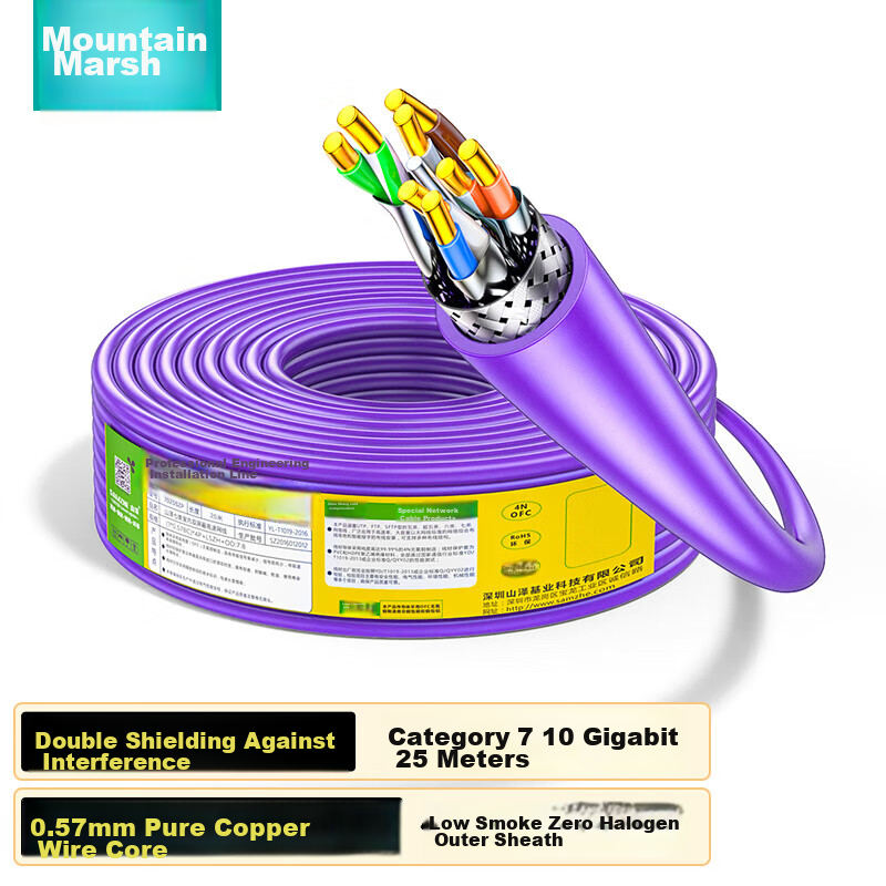 SAMZHE CAT7 10G Dual-Shielded Ethernet Cable [0.57±0.008mm Pure Copper Core] CAT7 Anti-Interference Low Smoke Zero Halogen Engineering Home Network Box Cable 25 Meters 7025SZP