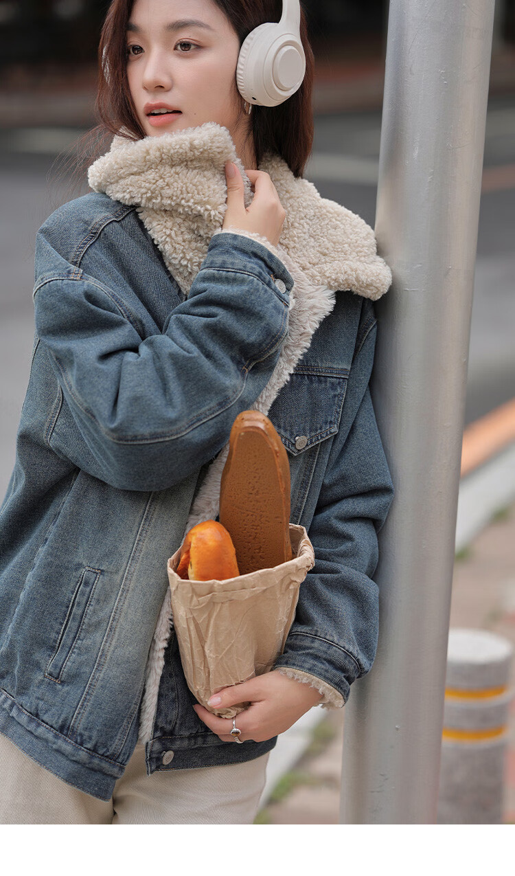 DME Fashion Vintage Large Lapel Winter Denim Composite Faux Lamb Wool Jacket for Women Dark Denim Blue S 13