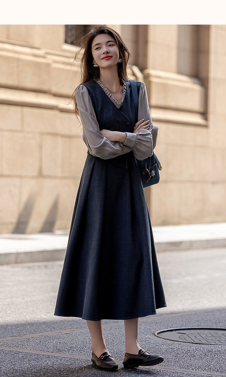 Dme [Ambiance Expert] Spring And Autumn Vintage Faux Two-Piece Ruffle V-Neck Puff Sleeve Waist-Cinching Pleated Women's Dress 13
