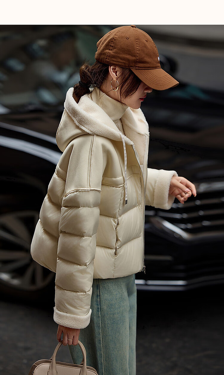 Dme [Xueshan Dushi] Winter 400T Spring Yafang Light Luxury 90% Duck Down Hooded Patchwork Elastic down Jacket for Wome 14